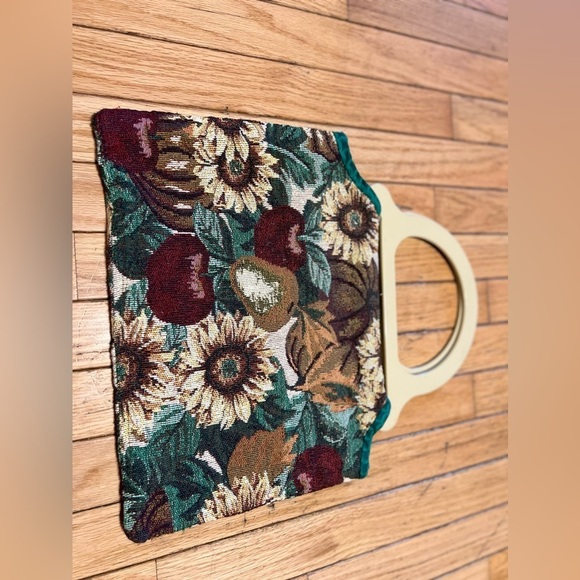 Handbags - Floral Tapestry Handbag with Wooden Handle